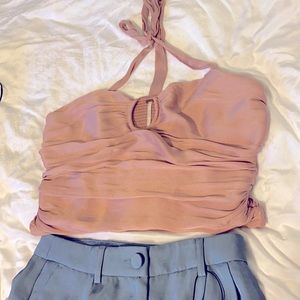 Free People pink satin ruched halter